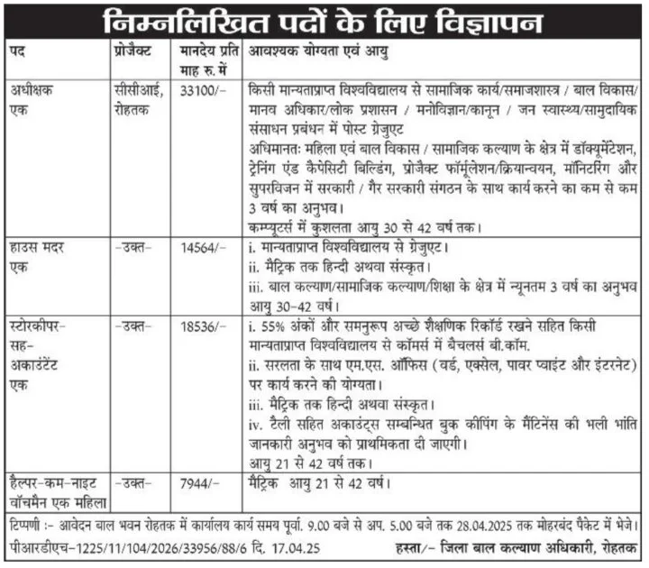 District Council For Child Welfare Rohtak Vacancy 2025 Notification